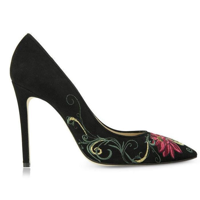 black suede pumps with embroidered red flower design