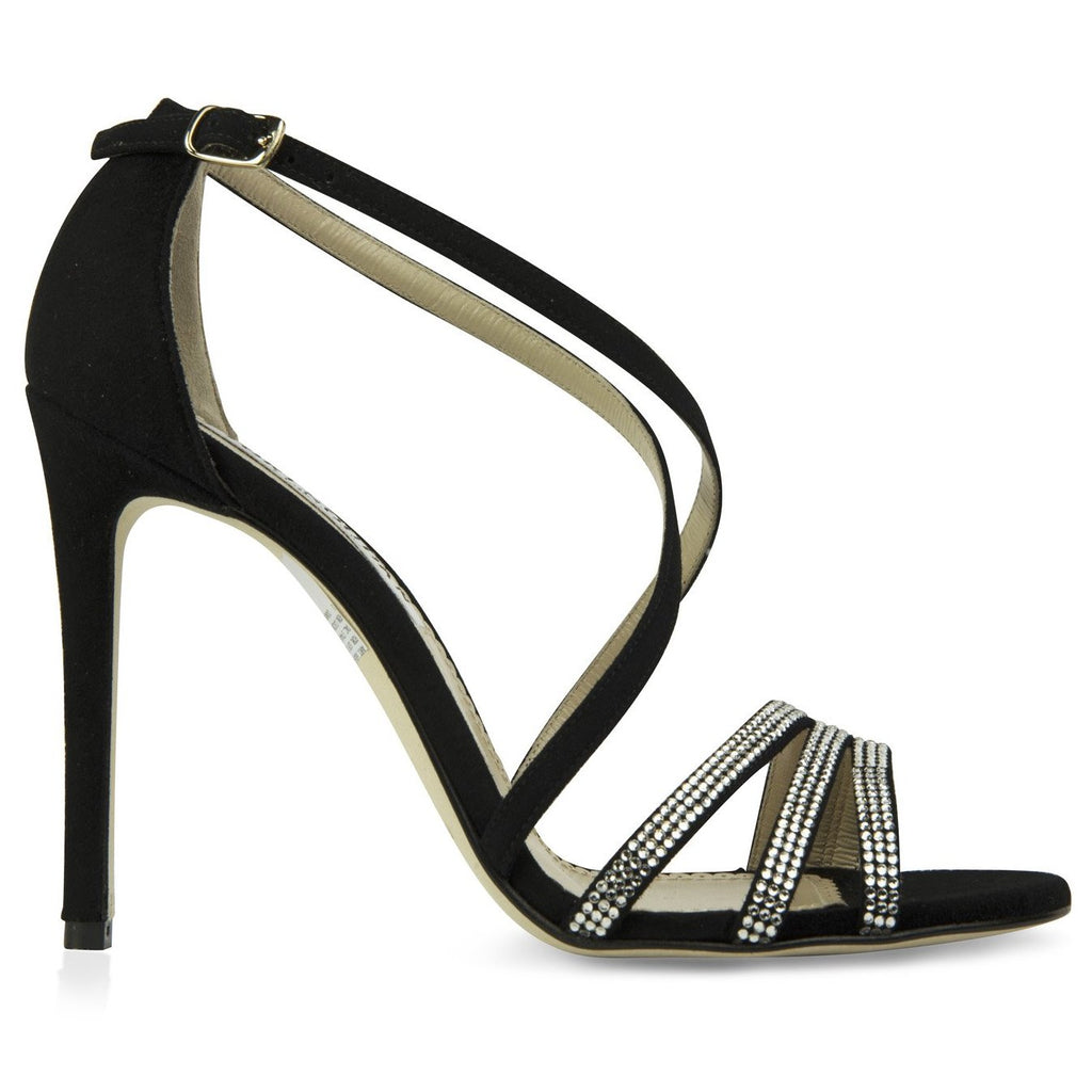 black strappy sandals whose sleek design & swarovksi crystal embellishment 