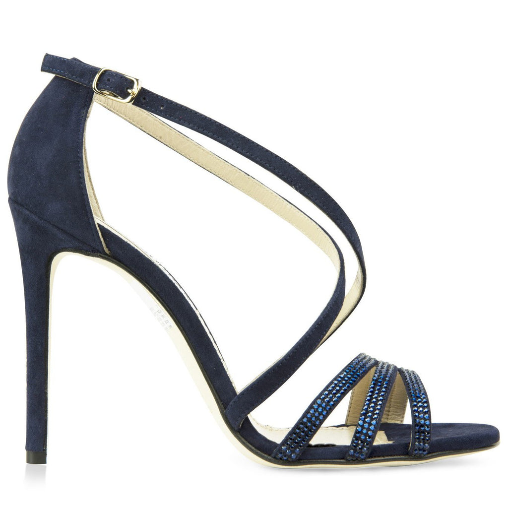 navy blue strappy sandals with swarovksi crystal embellishment 