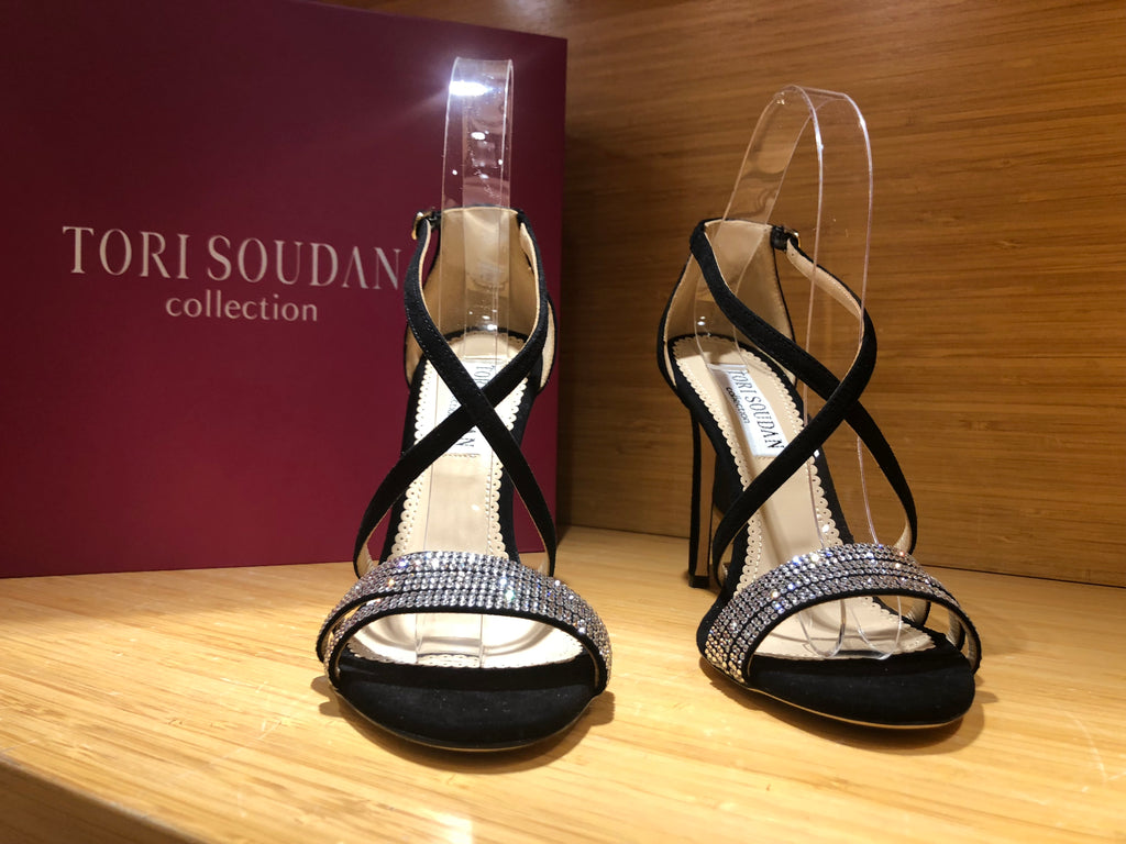 black strappy sandals whose sleek design & swarovksi crystal embellishment 