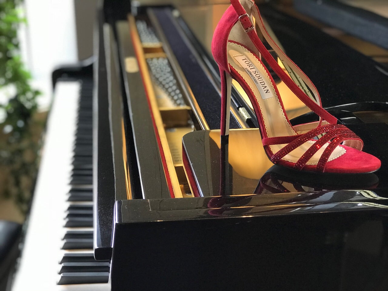 red strappy sandals with swarovksi crystal embellishment